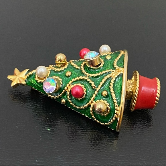 Vintage Unsigned Enamel Christmas Tree w/ 4pairs Of Earrings Holder Brooch Set - Picture 8 of 13